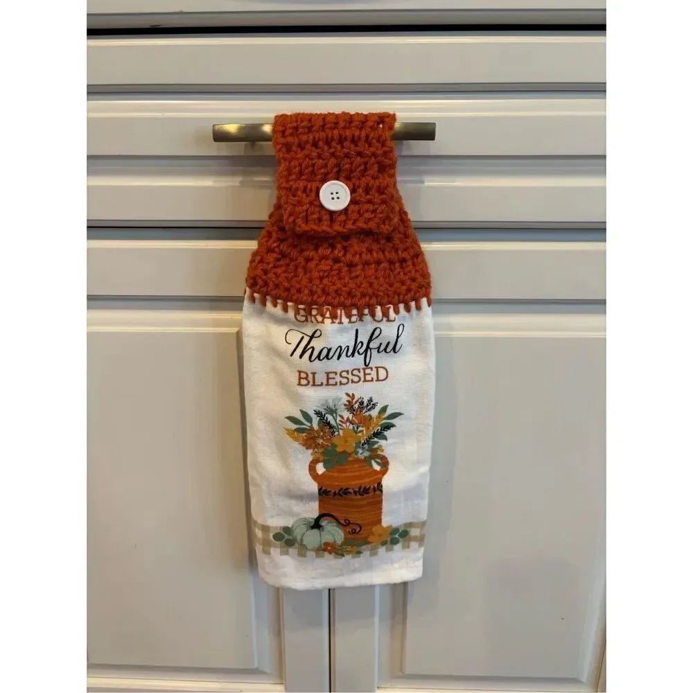 Crochet Top Kitchen Towel- Thankful grateful blessed (water can) 2 available
